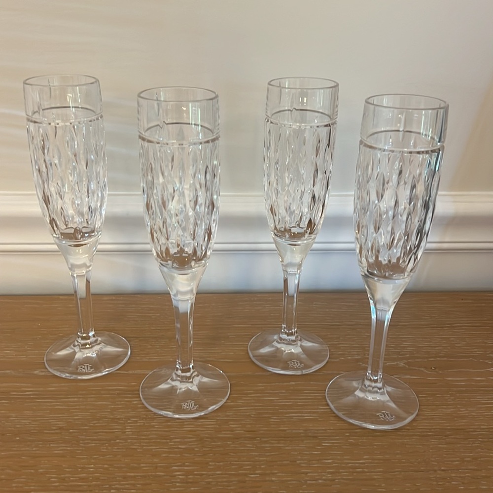 Ralph Lauren Fine Crystal Champagne Flute Aston Pattern - set of 4